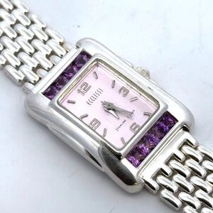 Eclisse 925 Silver and Pink Rectangular Watch with Purple Topaz Accents Size 7